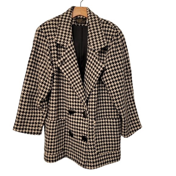 Michelle‎ Francois Women’s 100% Pure Wool Houndstooth Overcoat Sz 12 Pockets - Picture 1 of 7